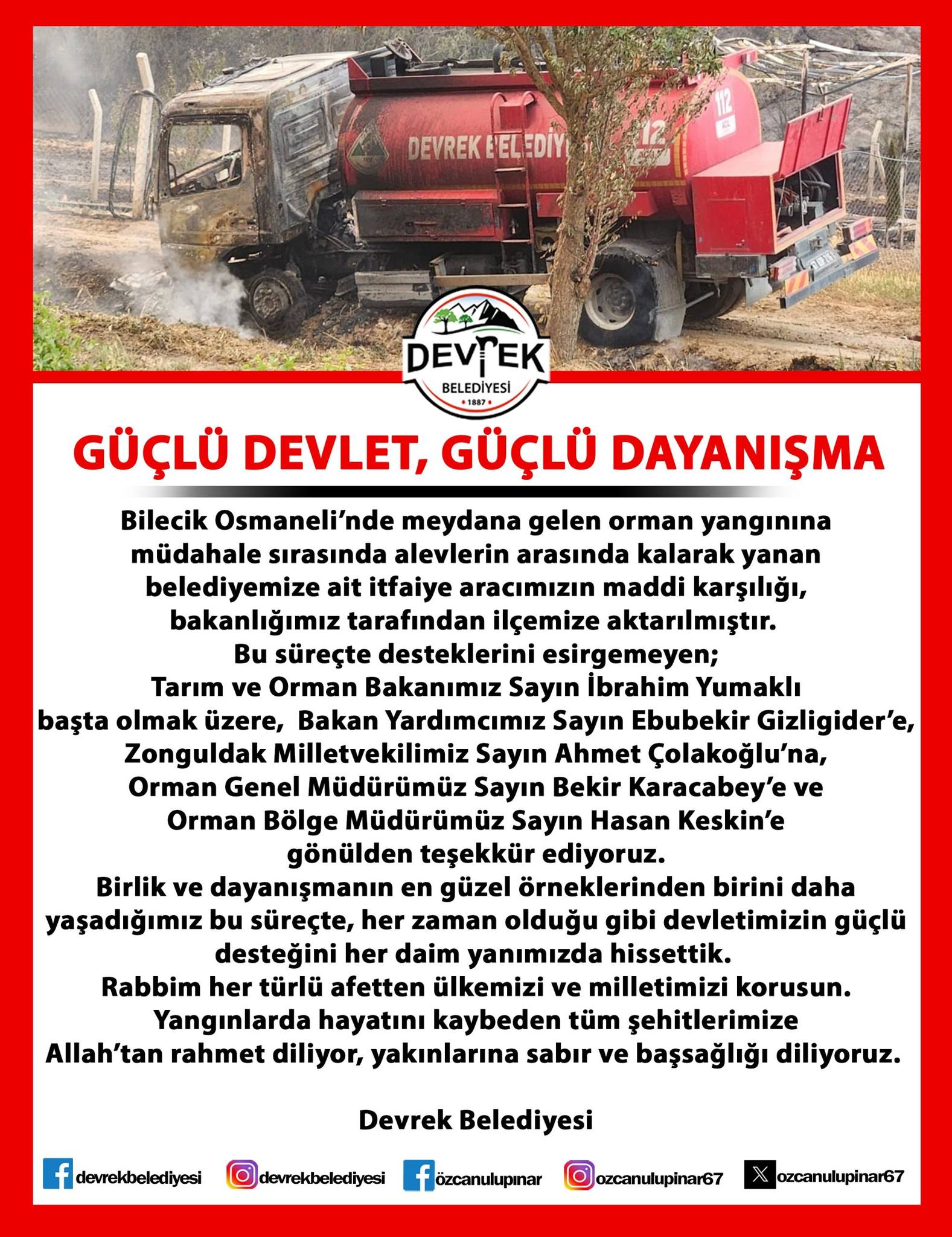 YANAN İTFAİYE ARACININ BEDELİ DEVREK BELEDİYESİNE AKTARILDI