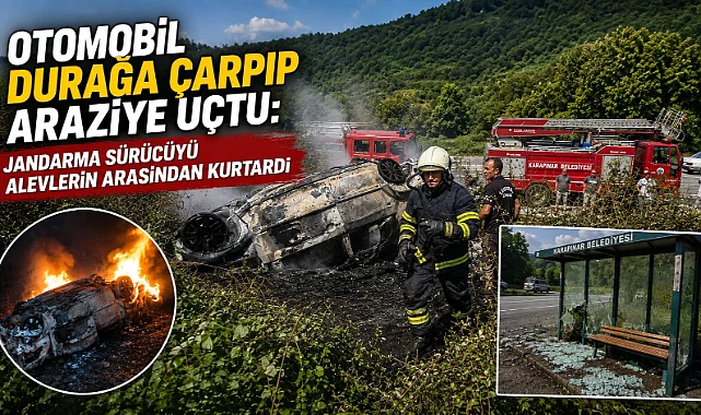 Jandarma Sürücüyü Alevlerin Arasından Kurtardı Otomobil Durağa Çarpıp Araziye Uçtu